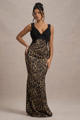 Leopard Print Satin V-Neck Maxi Dress With Black Lace Trim